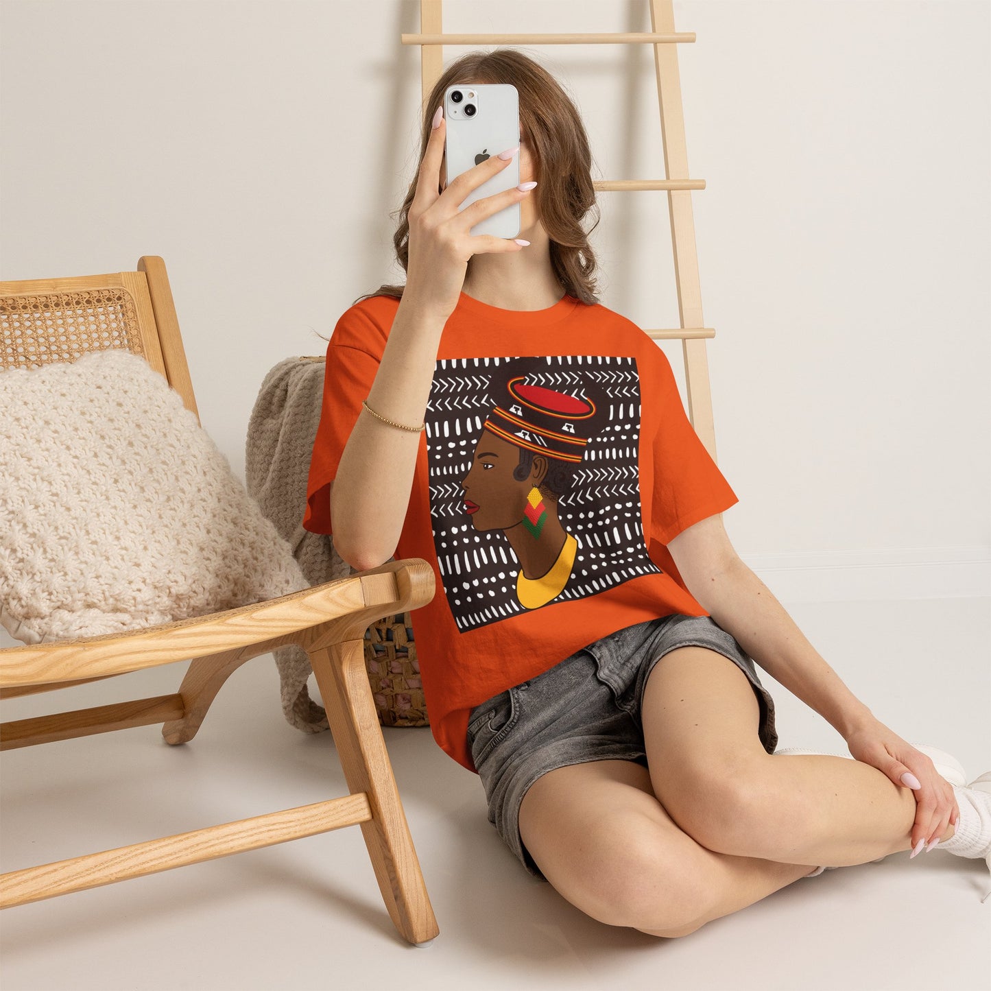 African Lady in Bamenda Bamileke Hat Unisex Tee, Ethnic Mudcloth T-Shirt, Black Boho Shirt, Festival Clothing, Afrocentric Top