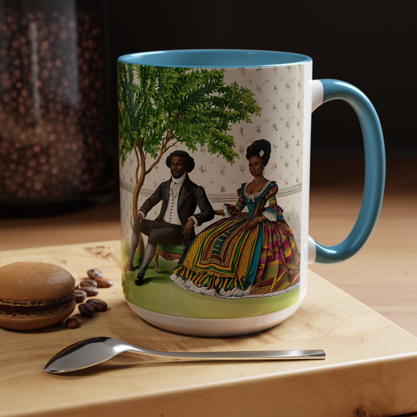 Toile Victorian African Couple Ceramic Accent Coffee Mugs (5 Colors), 11oz, 15oz