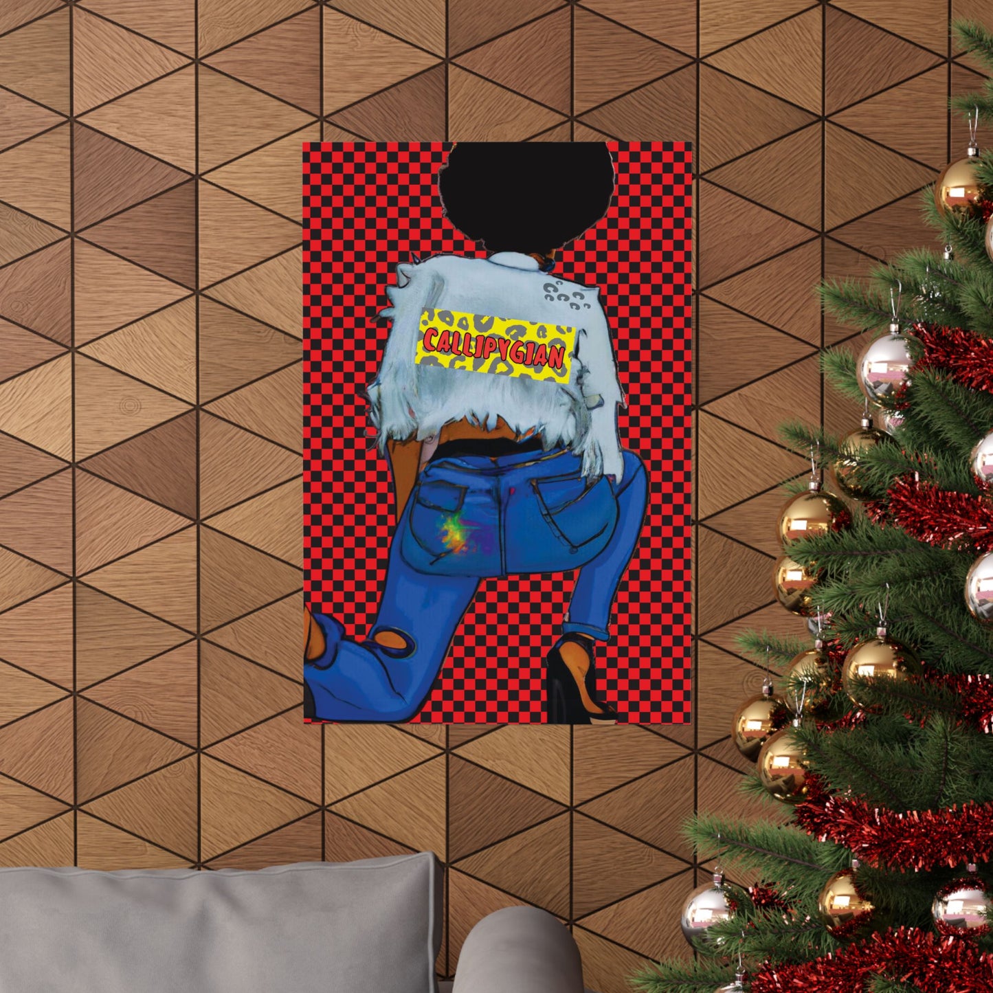 a poster of a person wearing a white shirt with the word "CALLISTAN" written on it, set against a red and black checkered background. The poster is hanging on a wall, and there is a Christmas tree visible in the background.