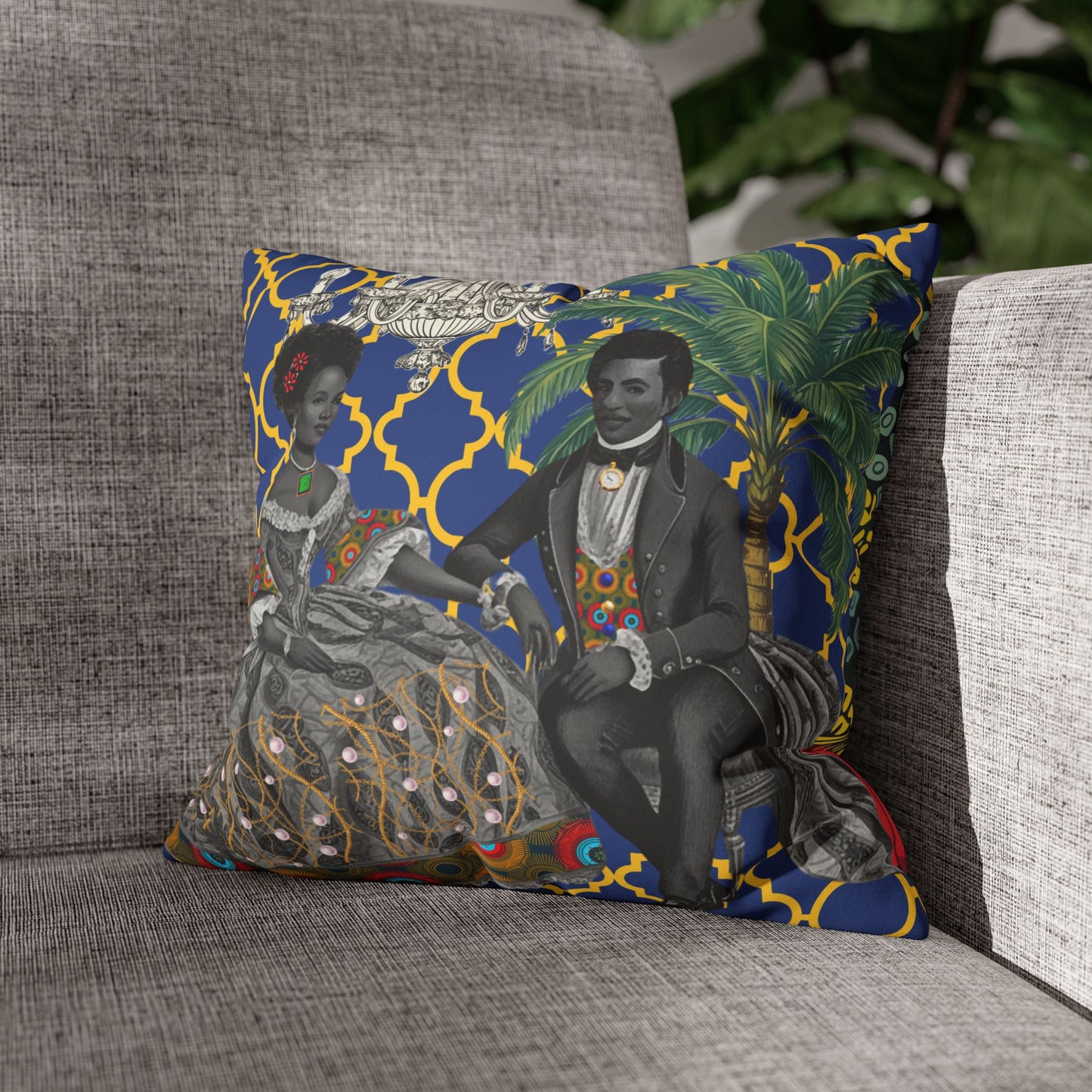 Toile Aristocrat Couple on Argyle Faux Suede Pillow Case, Decorative Throw Pillow Case Cover, Unique Home Decor Accent, Square Sofa Accessory