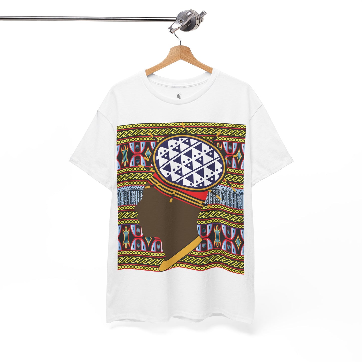 Man in Spiky Bamenda Bamileke Hat Chocolate on Black Mudcloth Unisex Heavy Cotton Tee