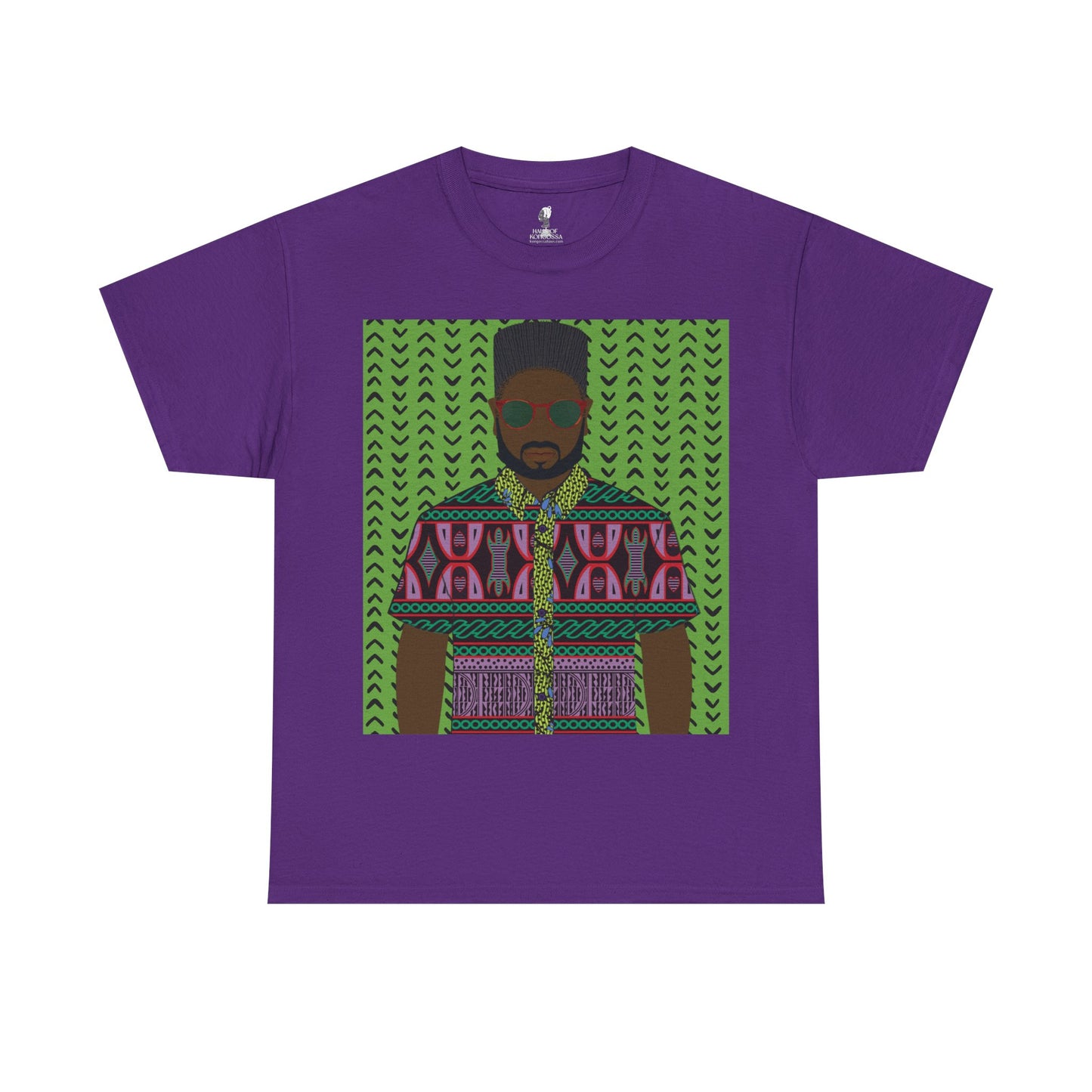 Phillipe(Chocolate) in Purple Toghu on Green Mudcloth Unisex Heavy Cotton Tee