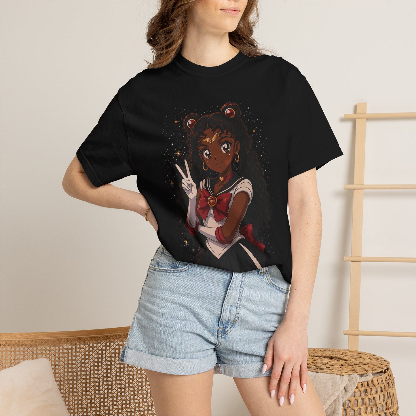 Melanin Magic Anime Tee, Black Anime Girl Shirt, Afro Magical Girl Tee, African Streetwear Graphic, Unisex Garment-Dyed T-Shirt