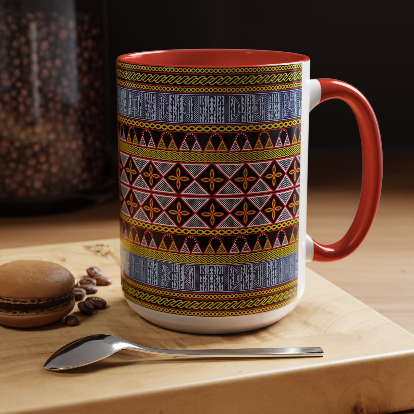 Cameroonian Toghu and Ndop Ceramic Coffee Mug (11, 15oz) in 4 Colors, 2 Sizes, Unique African Print Design