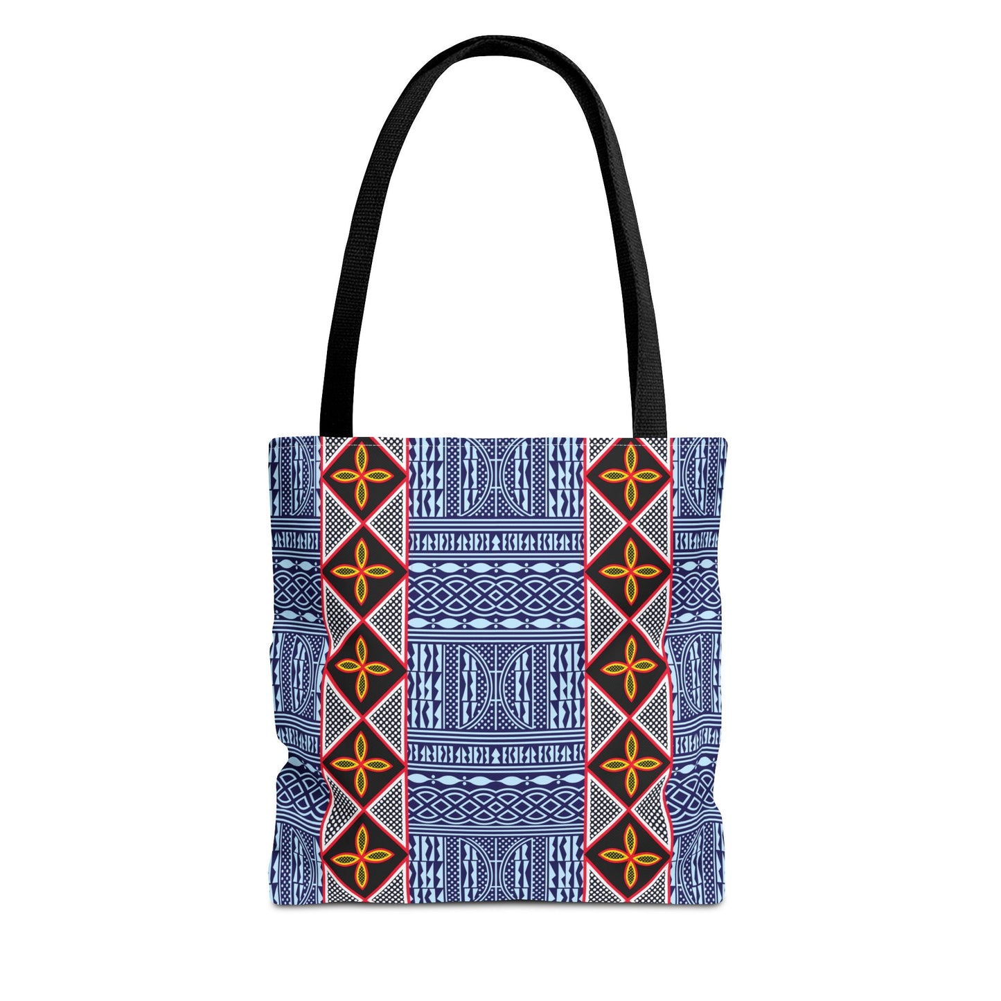 Blue Tribal Ndop Pattern Canvas Tote | Geometric Ethnic Print, Vertical Toghu Stripes