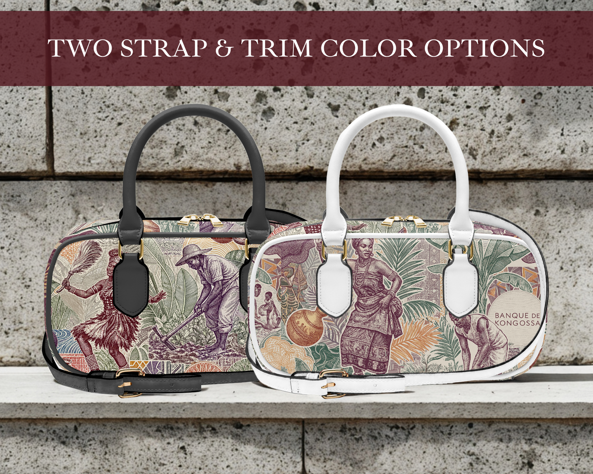 Two handbags with different designs are displayed against a stone wall.