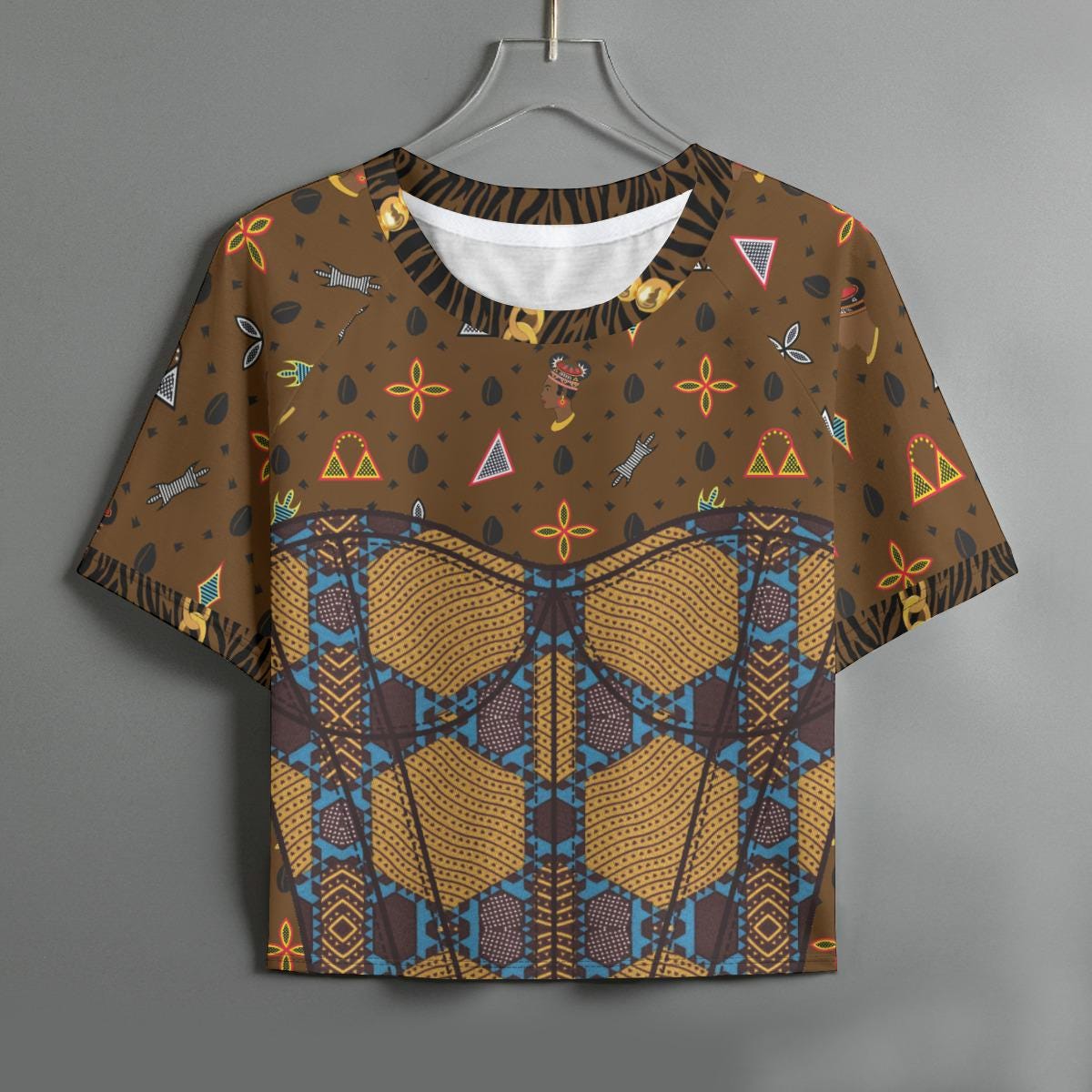 Brown Toghu Ankara Crop Top: High Stretch Women's Raglan Shirt