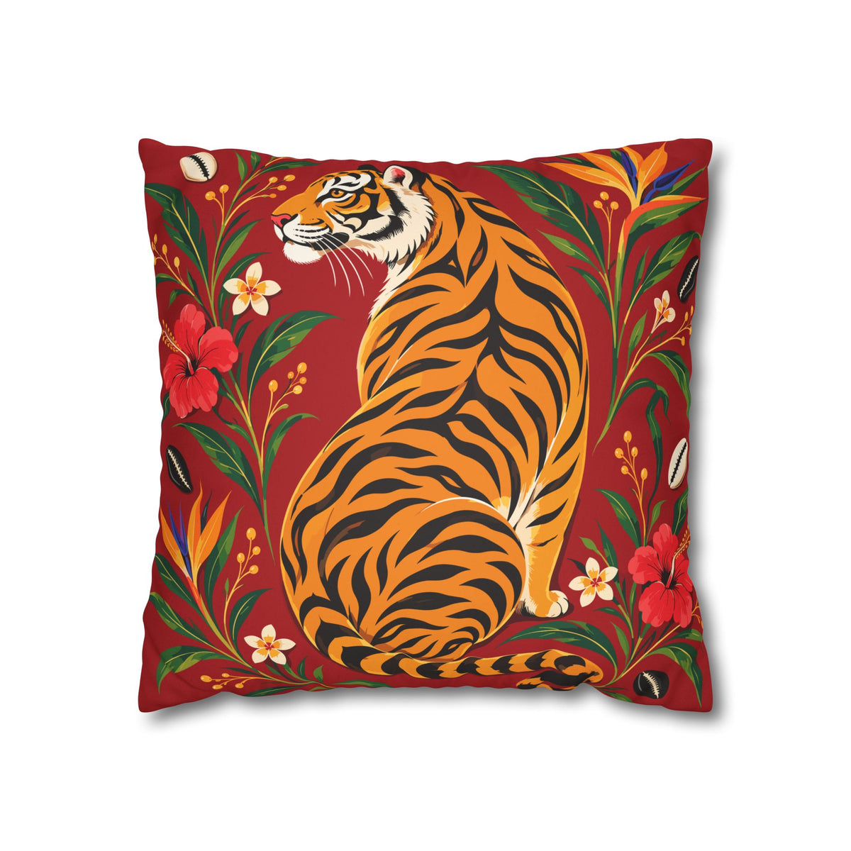 Bengal Tiger & Tropical Blooms Double-Sided Faux Suede Throw Pillow Cover | Ntoh-Inspired African Décor