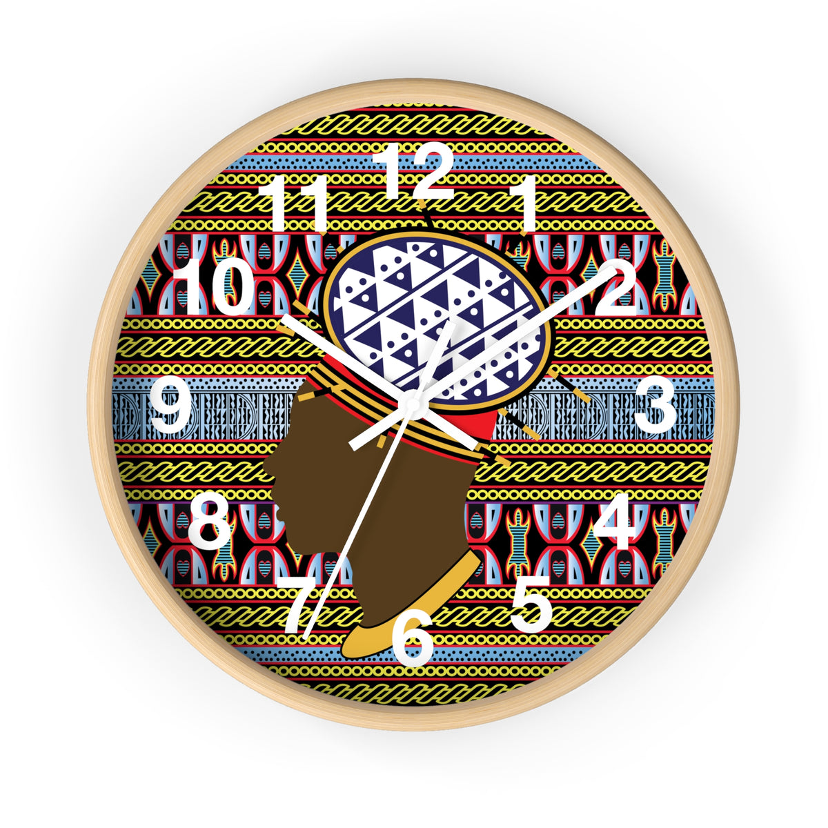 African wood wall clock, Bamileke Toghu Print Man, 12in Wood Mini