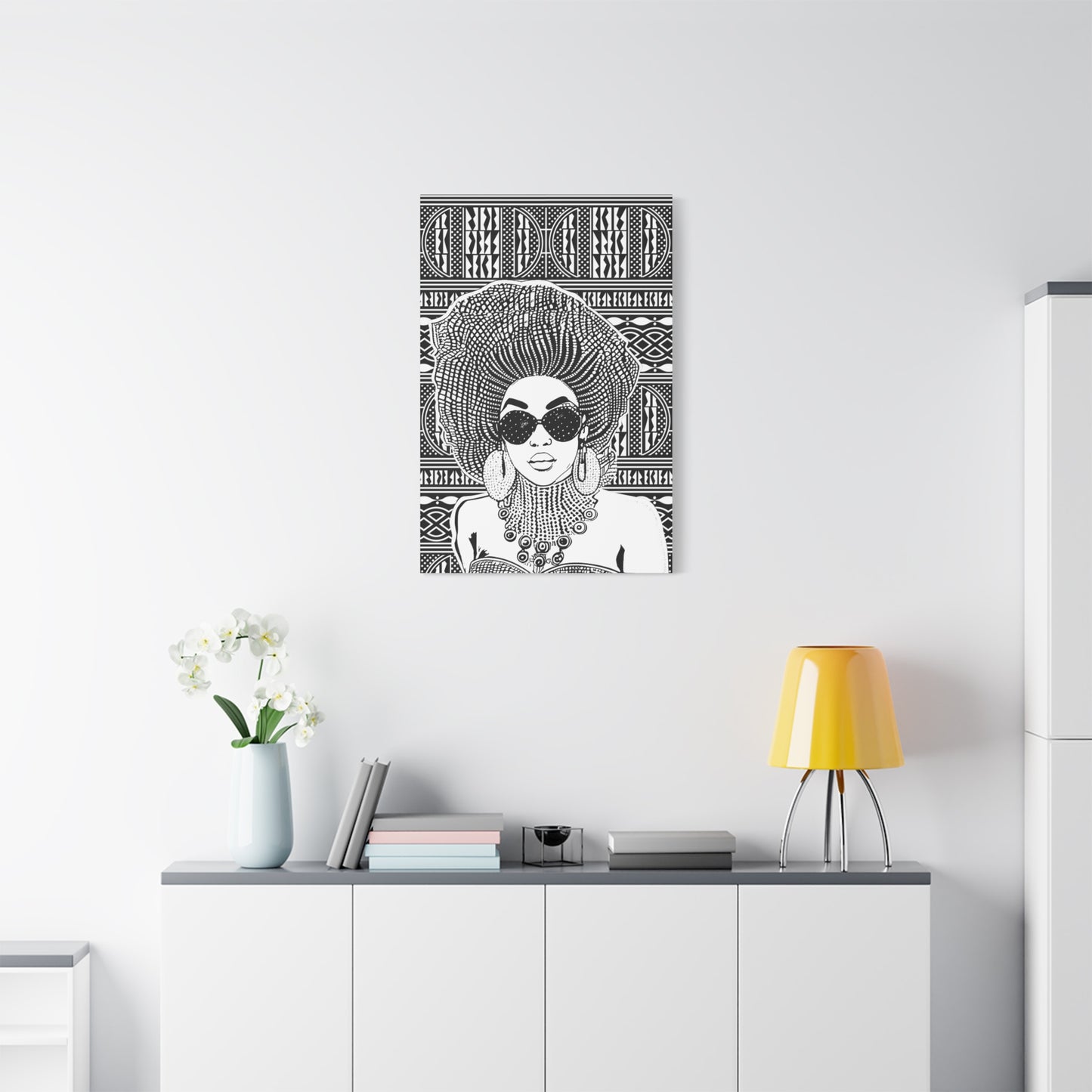 Madame Headtie on BW Ndop Matte Canvas, Stretched, 1.25" Modern African Art Print, Stylish Home Decor