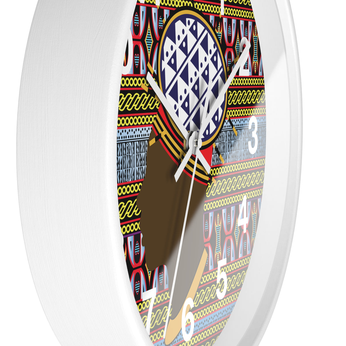 African wood wall clock, Bamileke Toghu Print Man, 12in Wood Mini