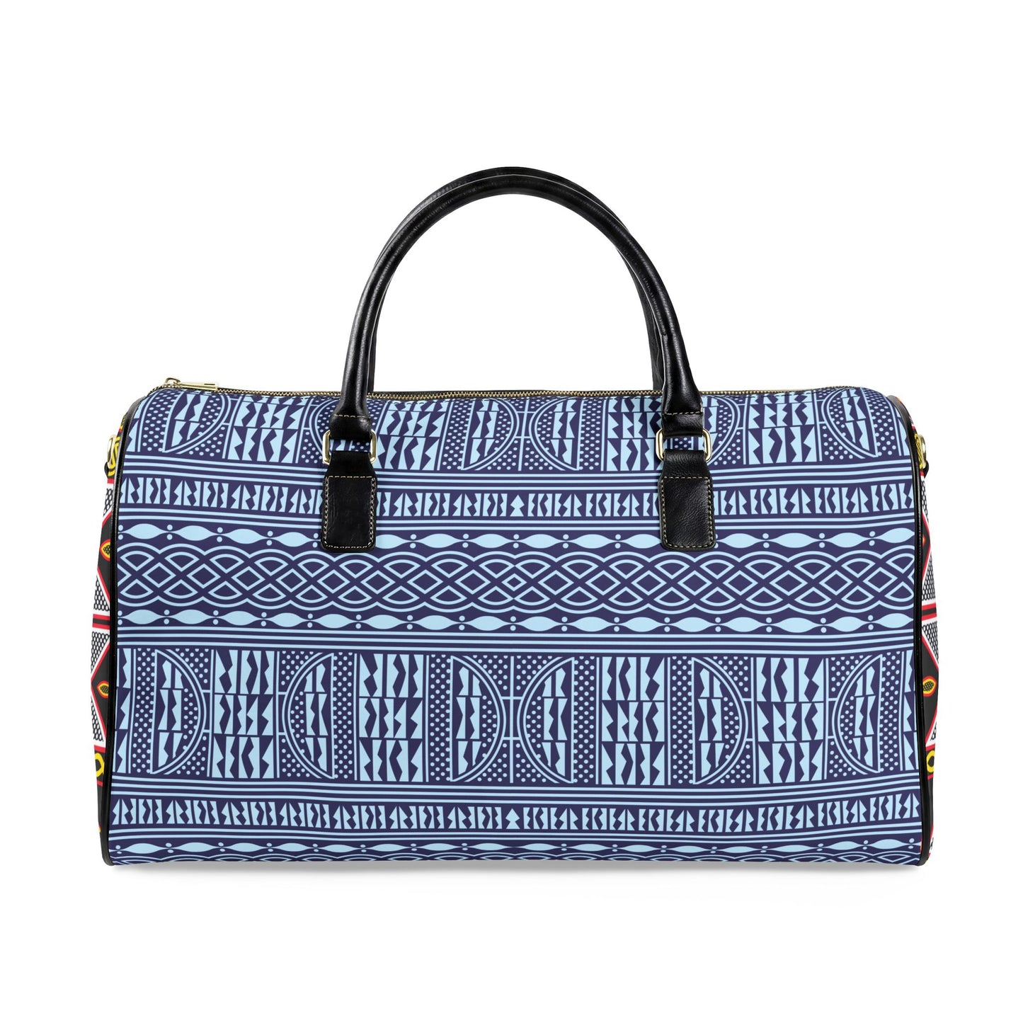 NEW Vegan Leather Travel Bag, Blue Ndop with Yellow Toghu Sides print
