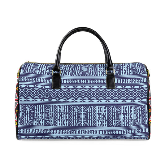 NEW Vegan Leather Travel Bag, Blue Ndop with Yellow Toghu Sides print