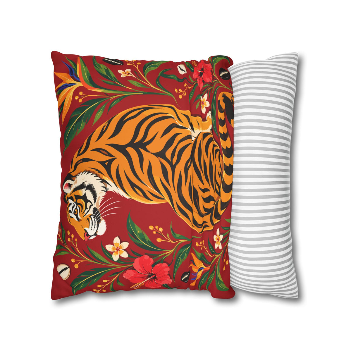 Bengal Tiger & Tropical Blooms Double-Sided Faux Suede Throw Pillow Cover | Ntoh-Inspired African Décor