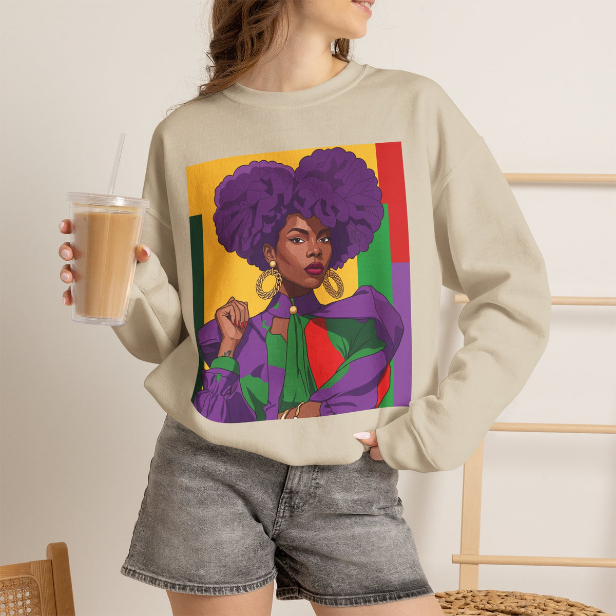 Abella Cotton Blend Sweatshirt, Black Woman Art, Colorful African-Inspired Crewneck