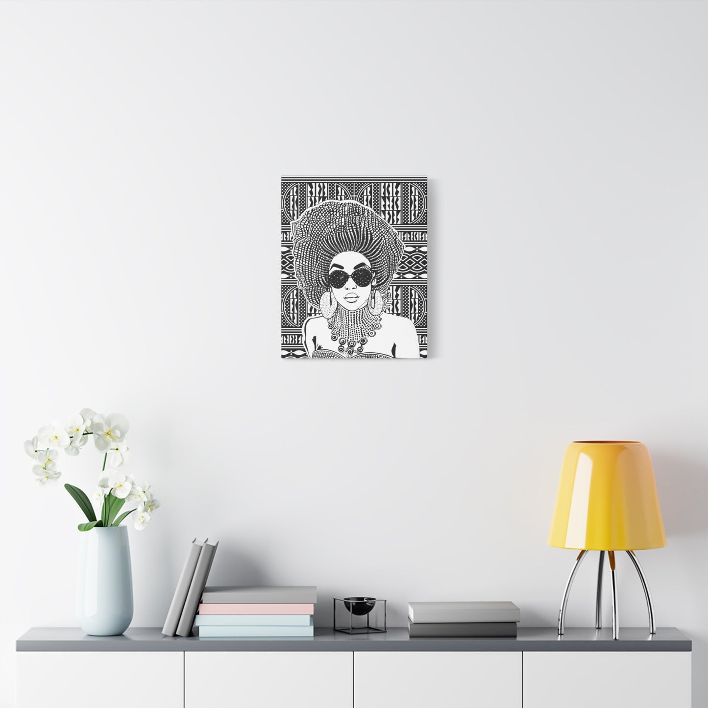 Madame Headtie on BW Ndop Matte Canvas, Stretched, 1.25" Modern African Art Print, Stylish Home Decor