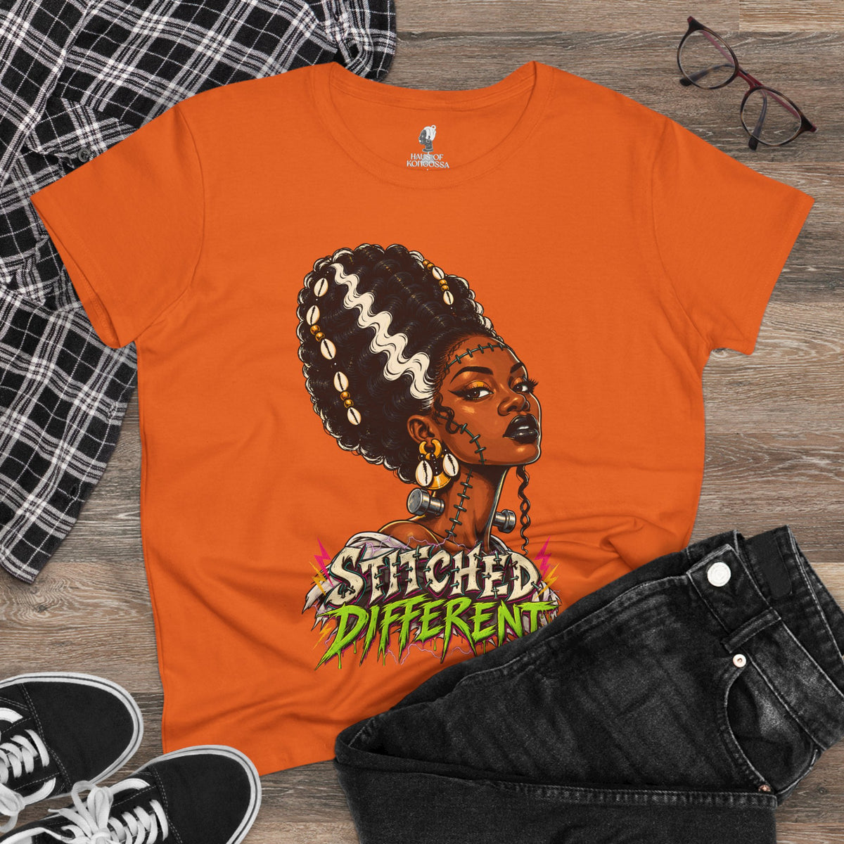 Stitched Different Afro Punk Portrait Tee, Halloween Women's Cotton Cotton T-Shirt