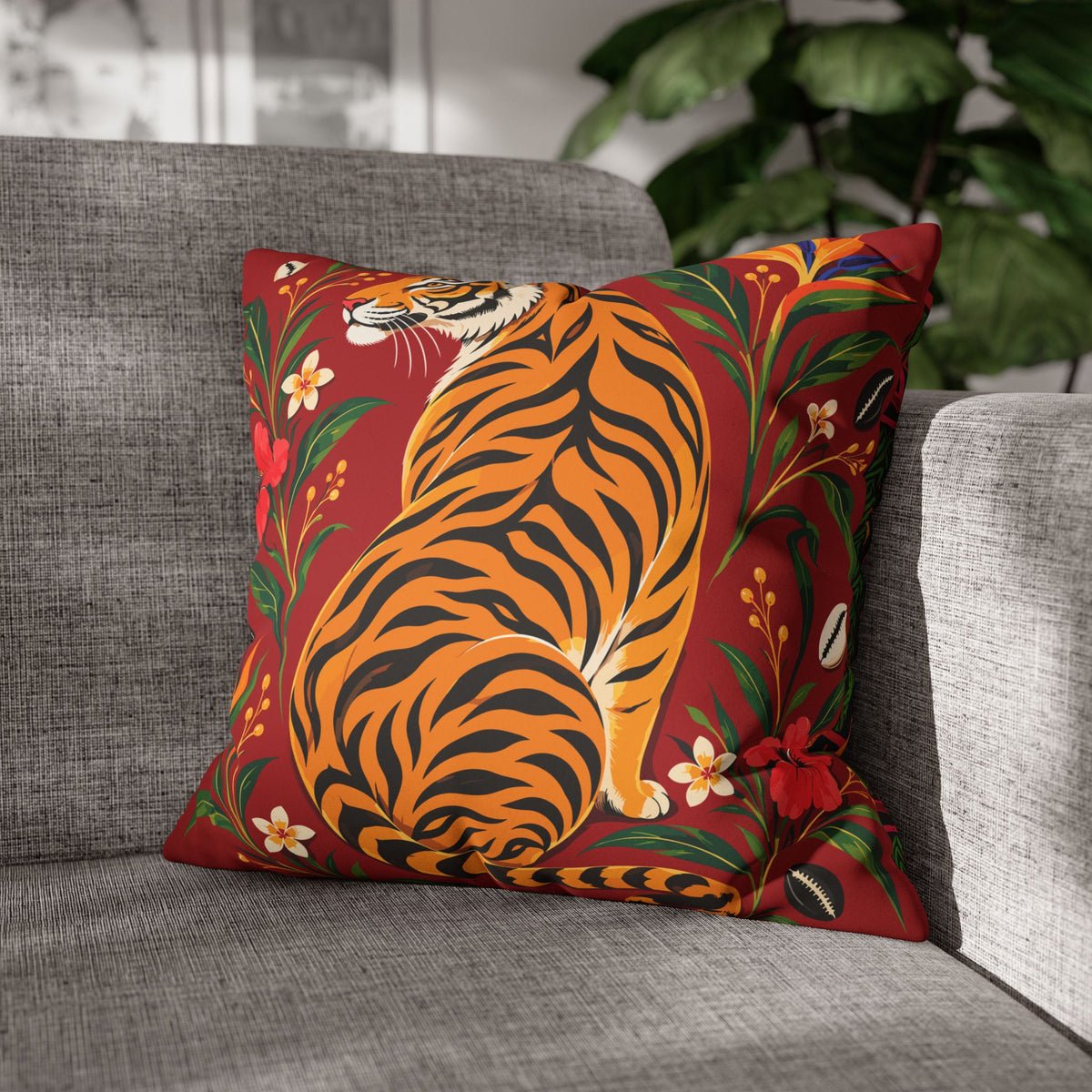 Bengal Tiger & Tropical Blooms Double-Sided Faux Suede Throw Pillow Cover | Ntoh-Inspired African Décor