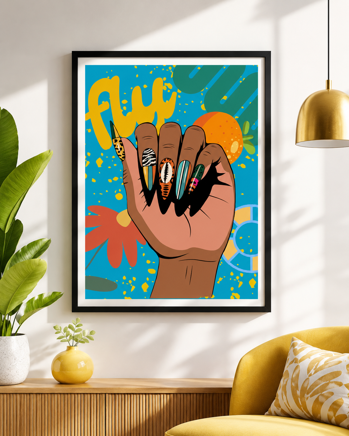 a vibrant and colorful painting of a hand with elaborately painted nails, set against a bright blue background with various abstract shapes and designs.