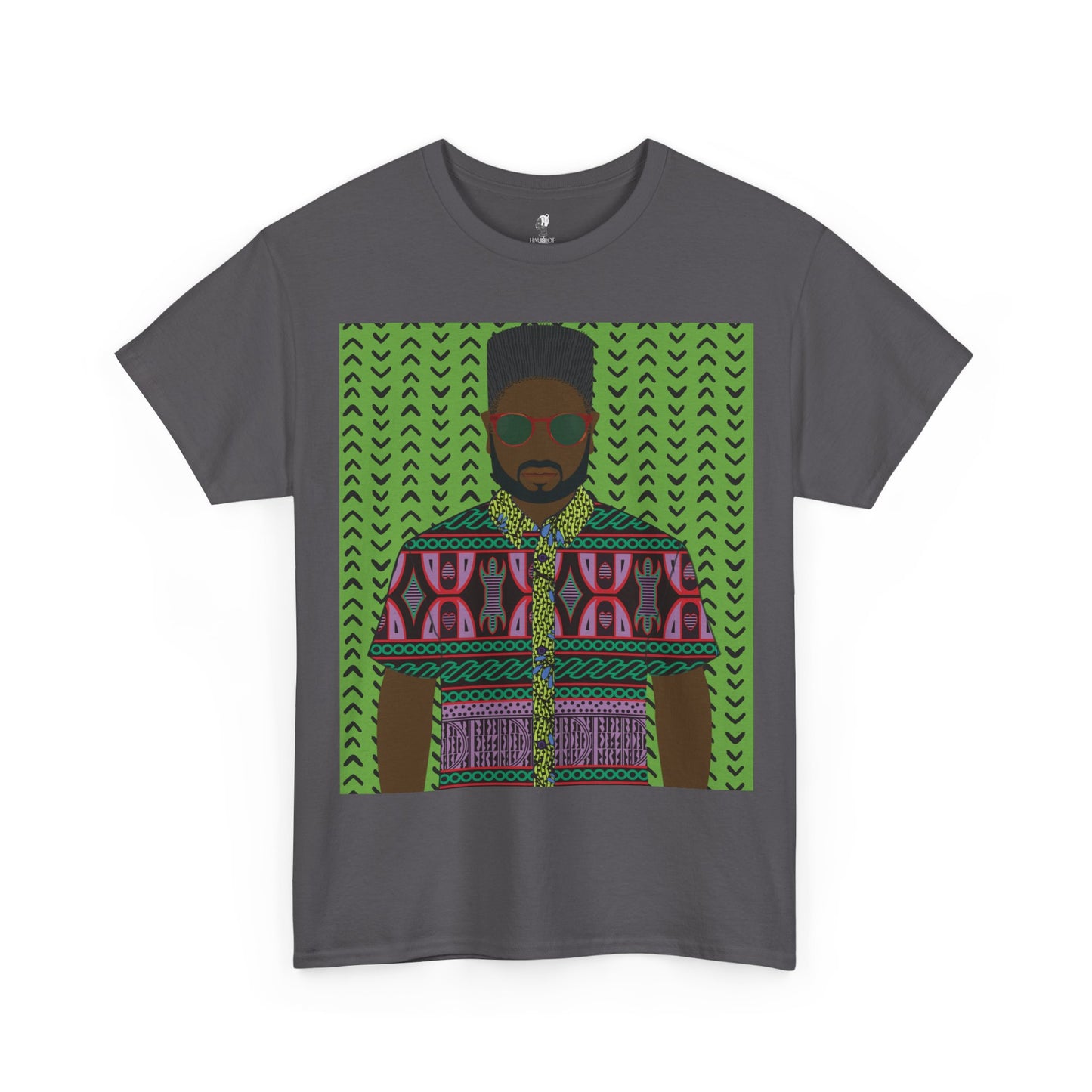 Phillipe(Chocolate) in Purple Toghu on Green Mudcloth Unisex Heavy Cotton Tee