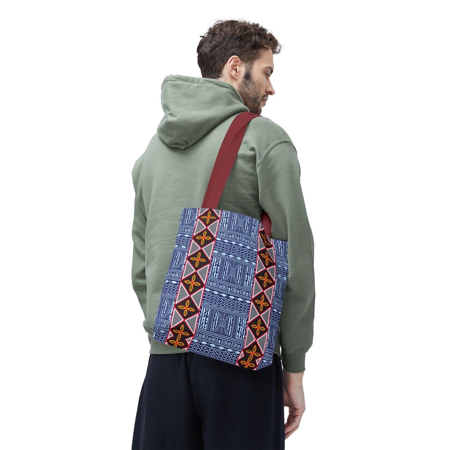 Blue Tribal Ndop Pattern Canvas Tote | Geometric Ethnic Print, Vertical Toghu Stripes