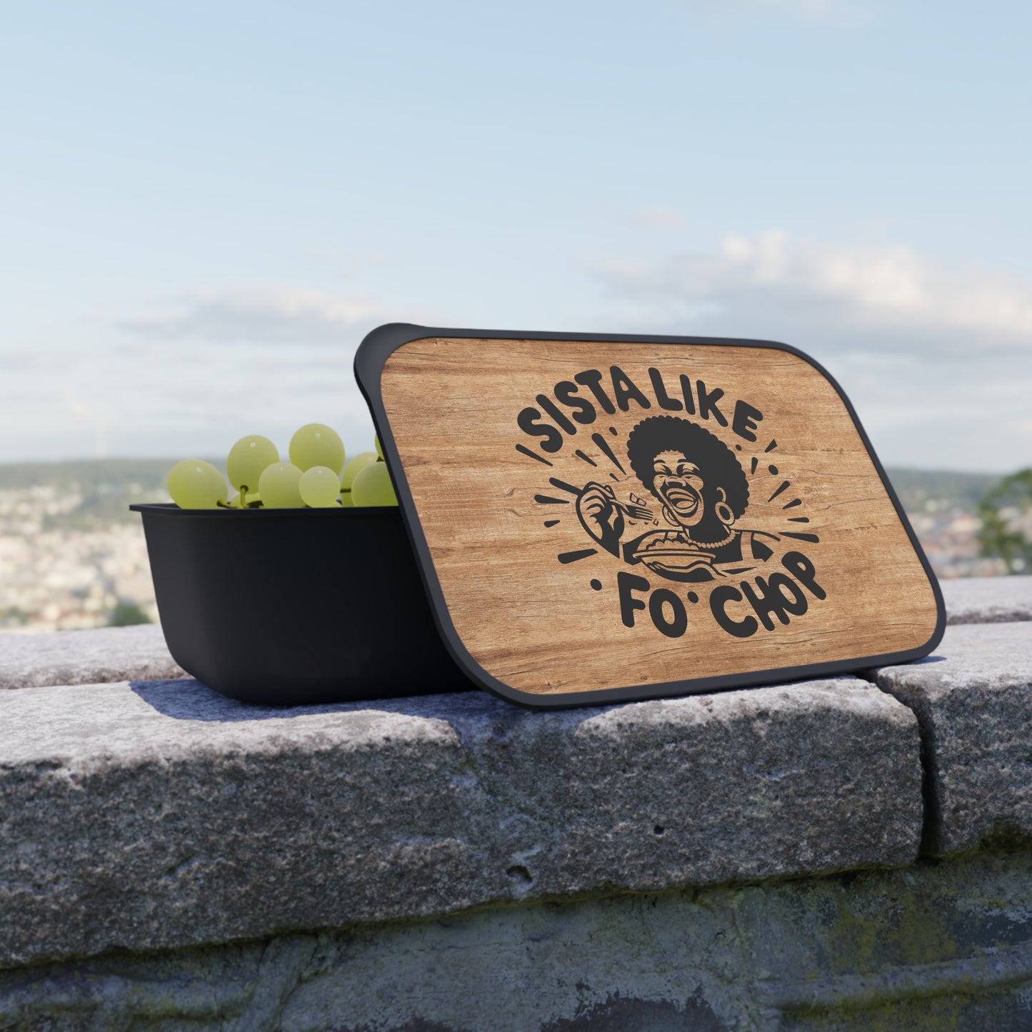 PLA Bento Box — “Sista Like Fo’ Chop” Wooden-Look Eco Lunchbox with Utensils
