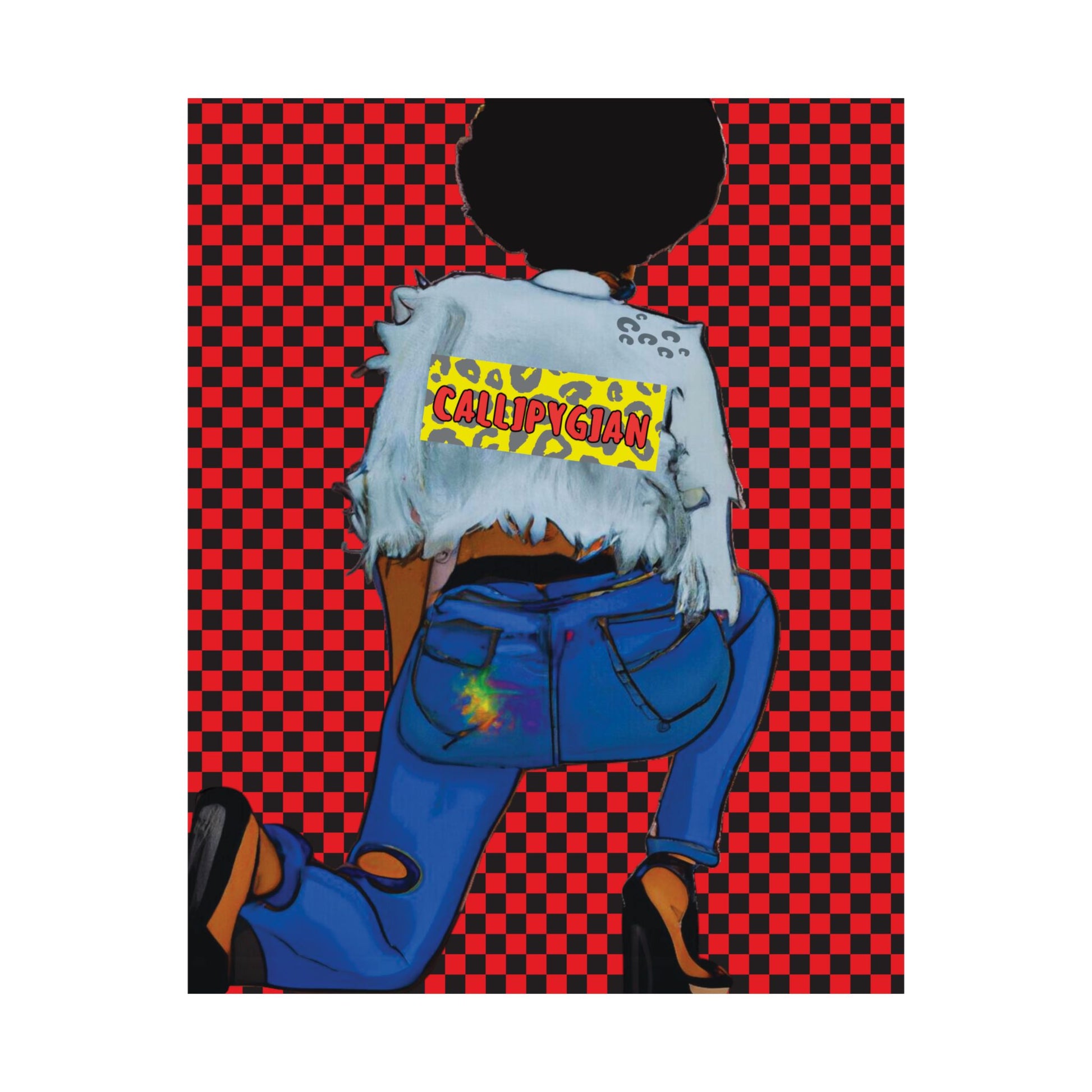 The image is a stylized illustration of a person wearing a white jacket with the word "CALLIPOGIN" written on it, standing against a red and black checkered background.