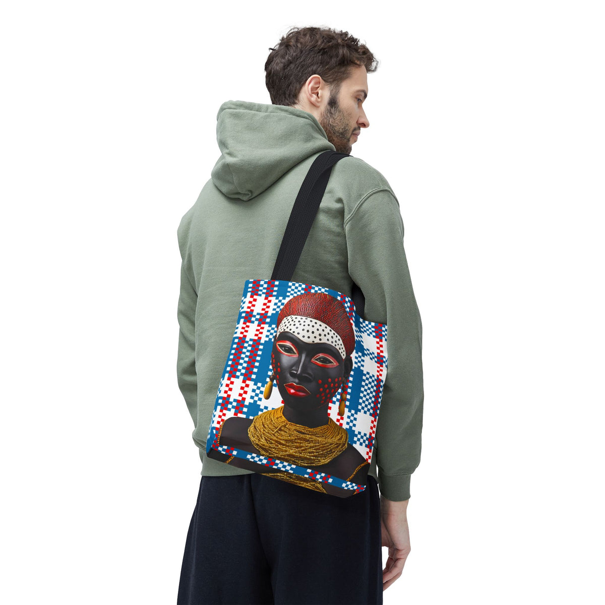 African Tote Bag, Masked Lady Design, Mukuta Plaid Grocery Bag, Gift for Her, Shopping Tote, Carry All Bag