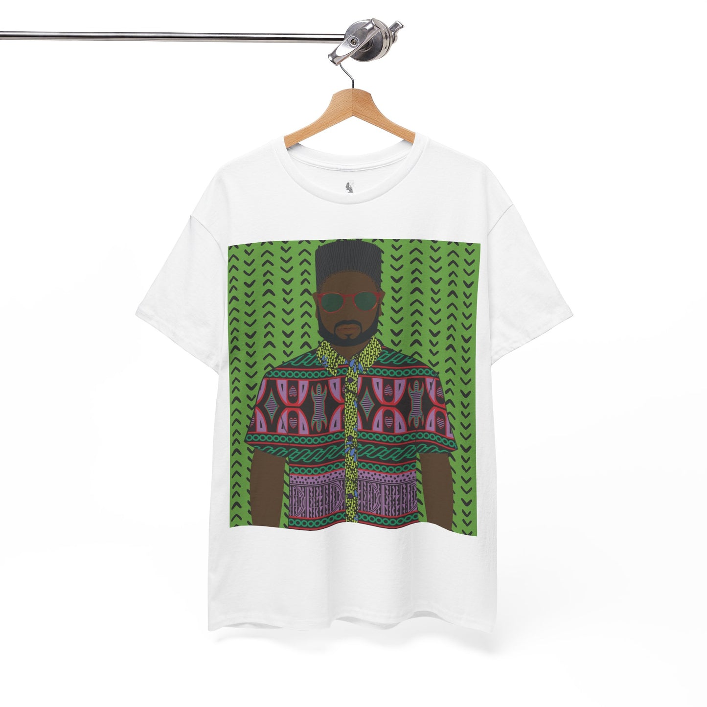 Phillipe(Chocolate) in Purple Toghu on Green Mudcloth Unisex Heavy Cotton Tee