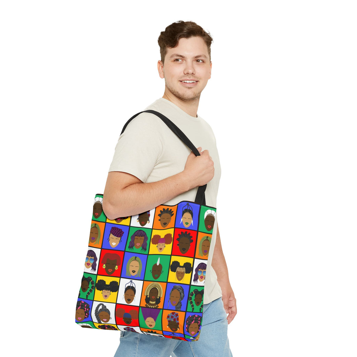 Colorful Faces Pattern Tote Bag — Multicultural Pop Art All-Over Print
