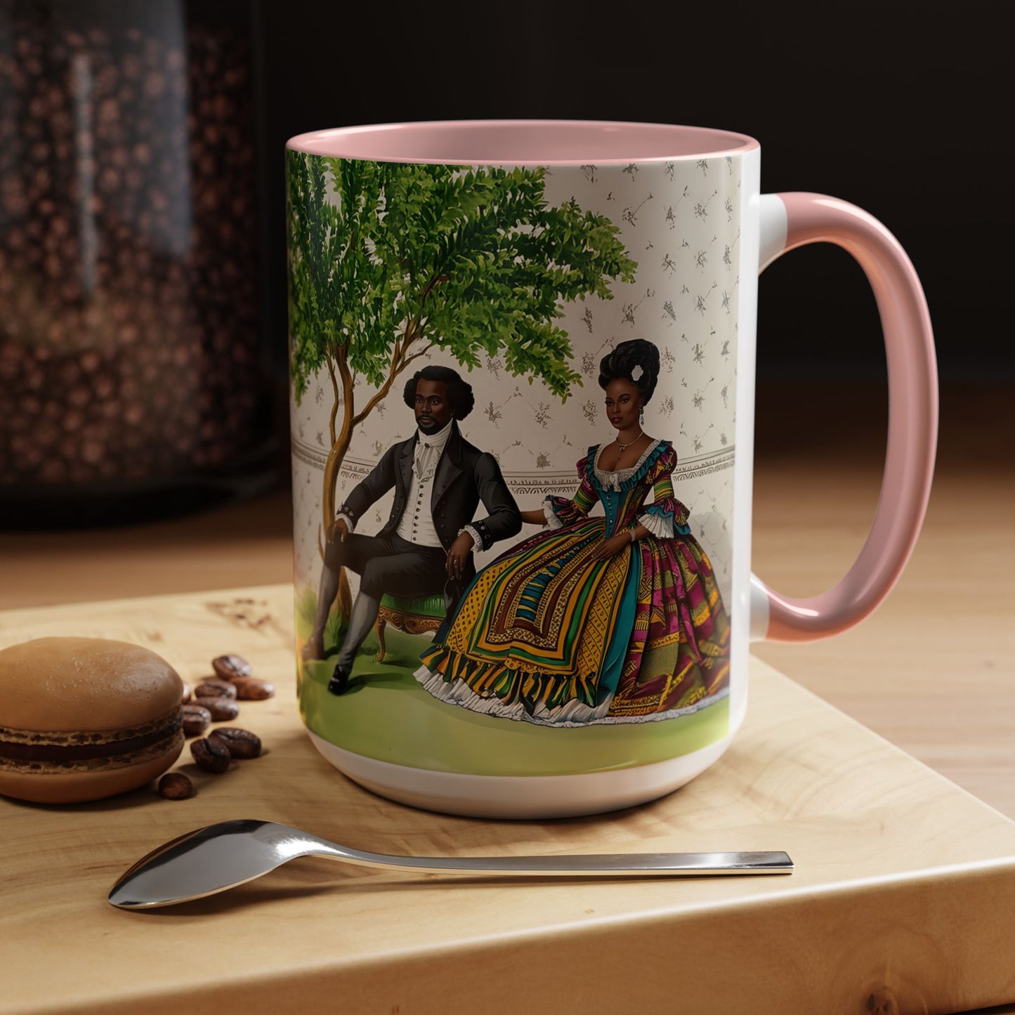 Toile Victorian African Couple Ceramic Accent Coffee Mugs (5 Colors), 11oz, 15oz