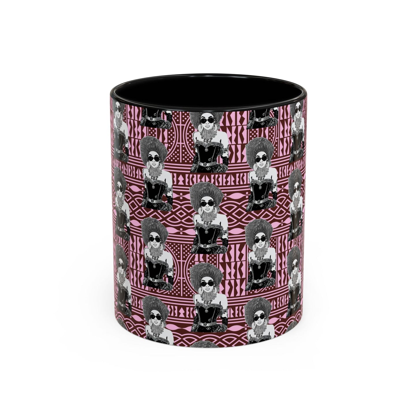 Madame Headtie(BW) Two-Tone Ceramic Coffee Mugs on Pink Ndop (4 Colors), 15oz