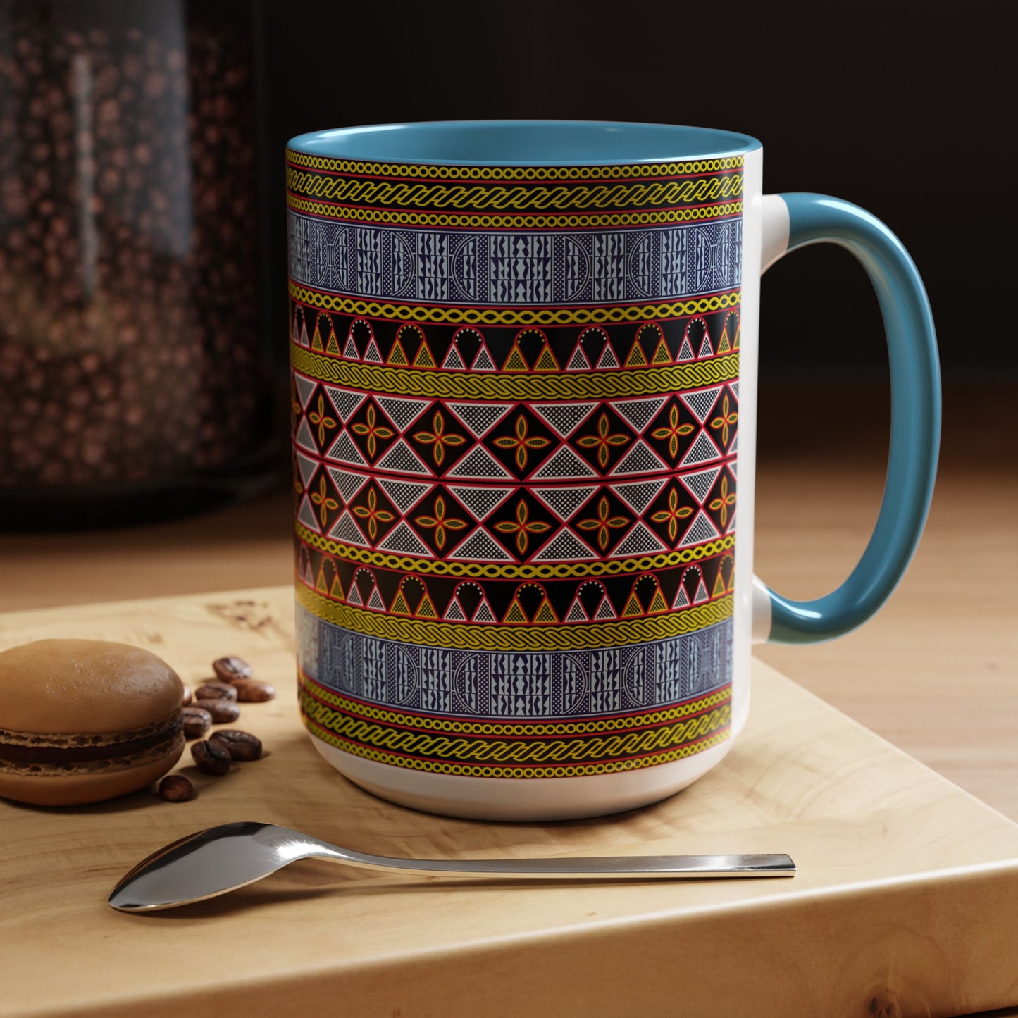 Cameroonian Toghu and Ndop Ceramic Coffee Mug (11, 15oz) in 4 Colors, 2 Sizes, Unique African Print Design