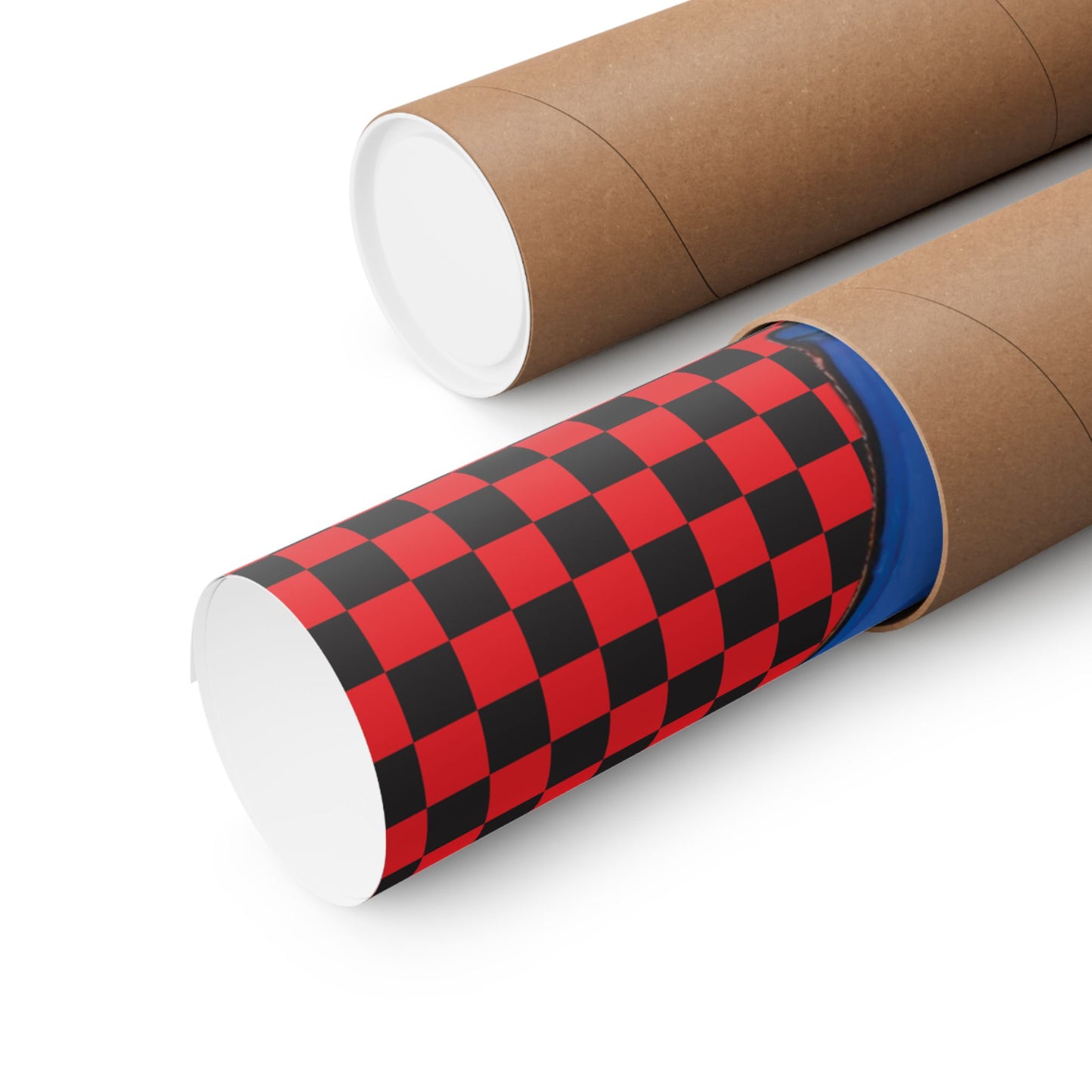 two cardboard tubes with a red and black checkered pattern on them.