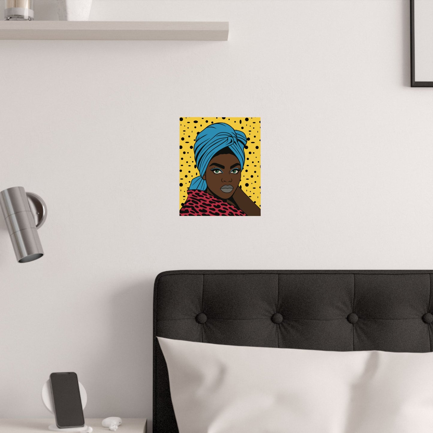 Turbanique Black Girl Wall Art, Satin Poster, Leopard Robe and Blue Turban Satin Poster, Modern Boho Home Decor
