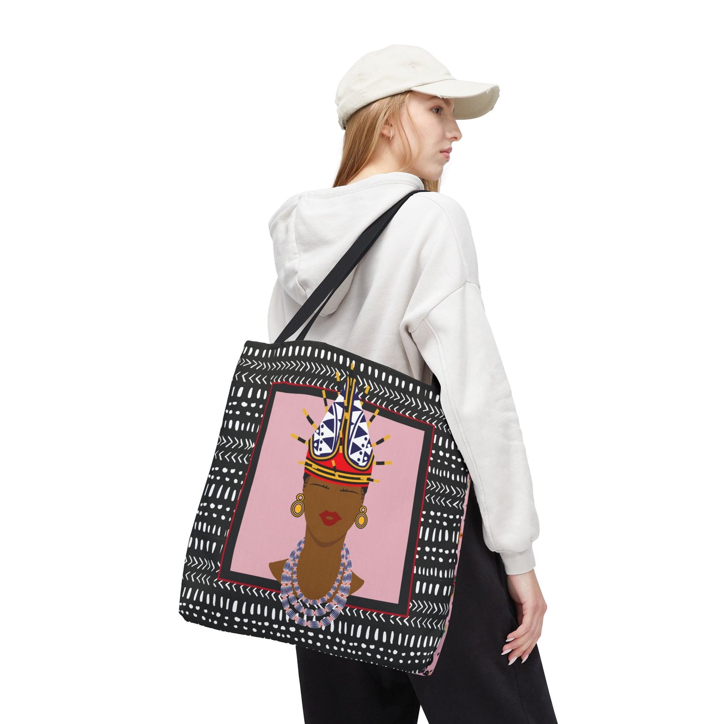 African Inspired Spiky Hat Bamileke Bamenda Girl on Pink and Mudcloth AOP Tote Bag, Ethnic Shoulder Bag, Cultural Market Bag, Colorful
