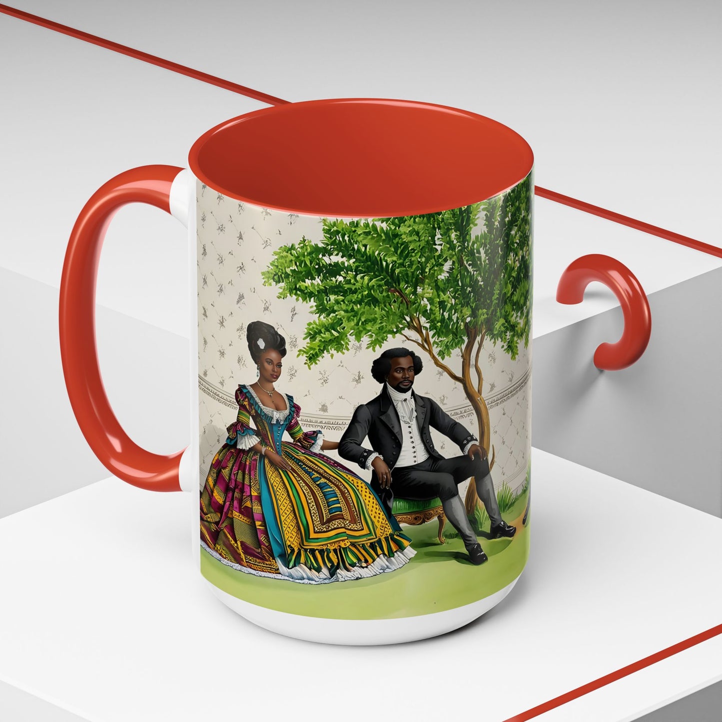 Toile Victorian African Couple Ceramic Accent Coffee Mugs (5 Colors), 11oz, 15oz