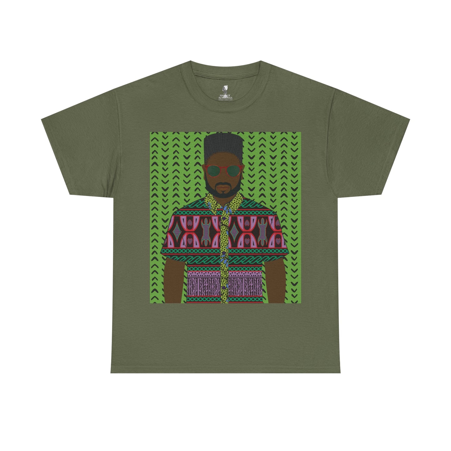 Phillipe(Chocolate) in Purple Toghu on Green Mudcloth Unisex Heavy Cotton Tee