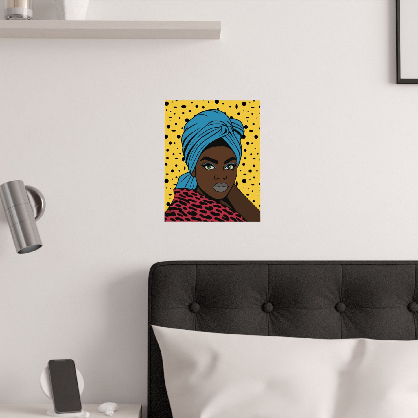 Turbanique Black Girl Wall Art, Satin Poster, Leopard Robe and Blue Turban Satin Poster, Modern Boho Home Decor