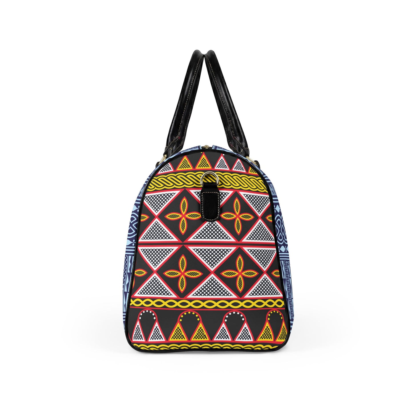 NEW Vegan Leather Travel Bag, Blue Ndop with Yellow Toghu Sides print