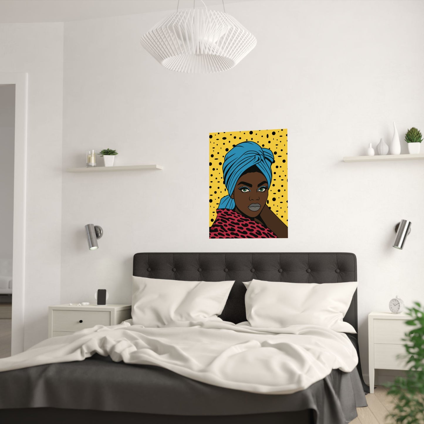Turbanique Black Girl Wall Art, Satin Poster, Leopard Robe and Blue Turban Satin Poster, Modern Boho Home Decor