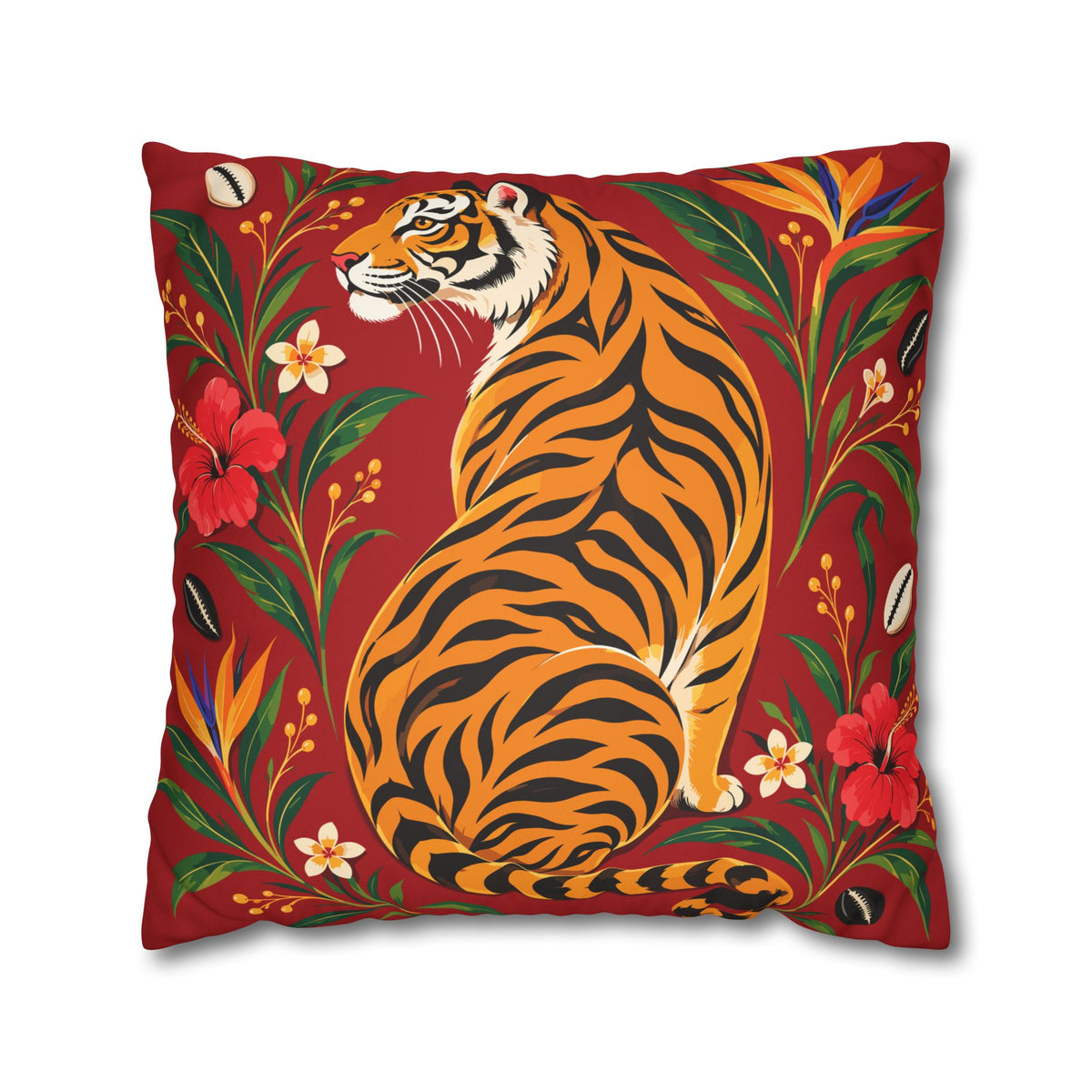 Bengal Tiger & Tropical Blooms Double-Sided Faux Suede Throw Pillow Cover | Ntoh-Inspired African Décor