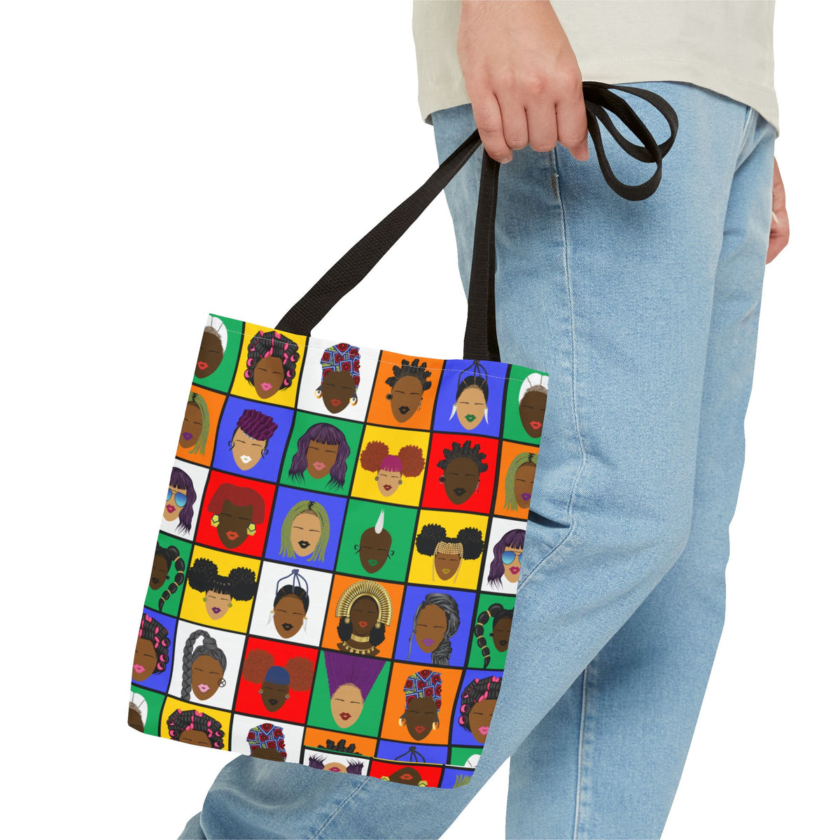 Colorful Faces Pattern Tote Bag — Multicultural Pop Art All-Over Print