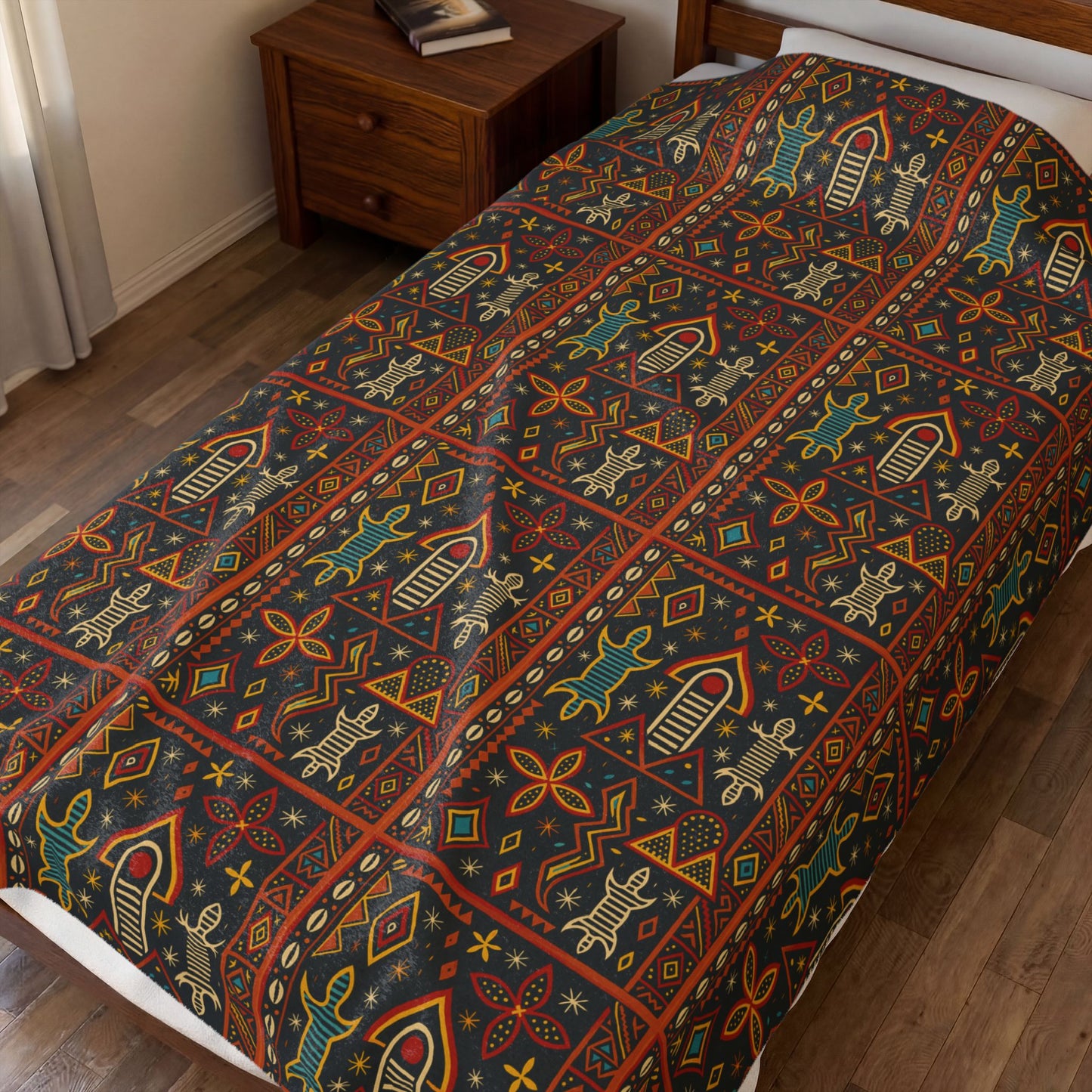 Warrior Toghu Velveteen Blanket, Cozy Throw, Ethnic Design Bedding, Soft Afrocentric Bedspread, Warm Living Room Decor