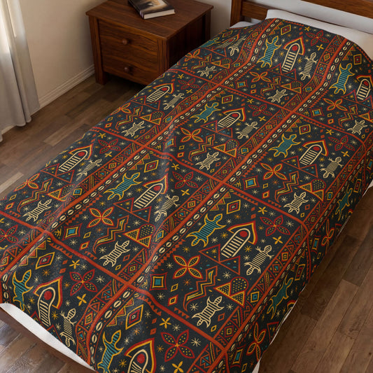 Warrior Toghu Velveteen Blanket, Cozy Throw, Ethnic Design Bedding, Soft Afrocentric Bedspread, Warm Living Room Decor