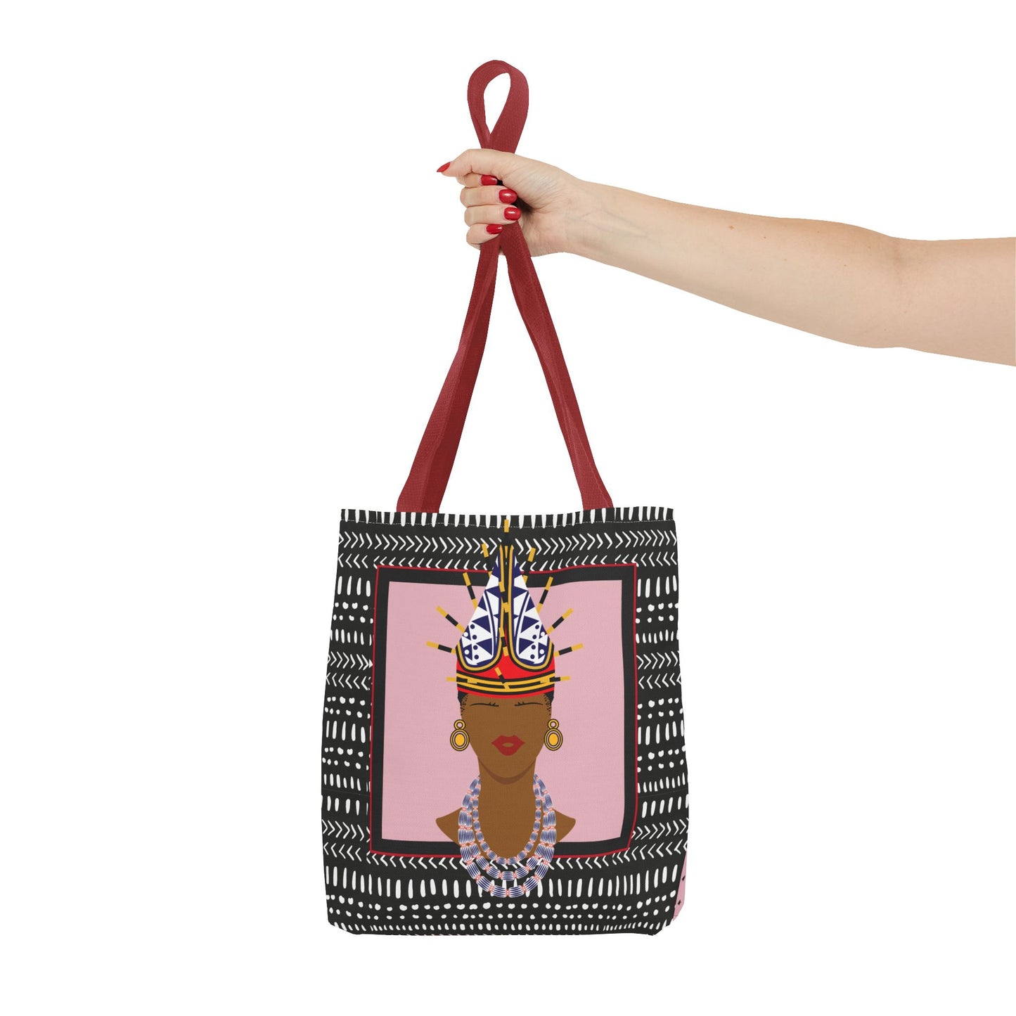 African Inspired Spiky Hat Bamileke Bamenda Girl on Pink and Mudcloth AOP Tote Bag, Ethnic Shoulder Bag, Cultural Market Bag, Colorful