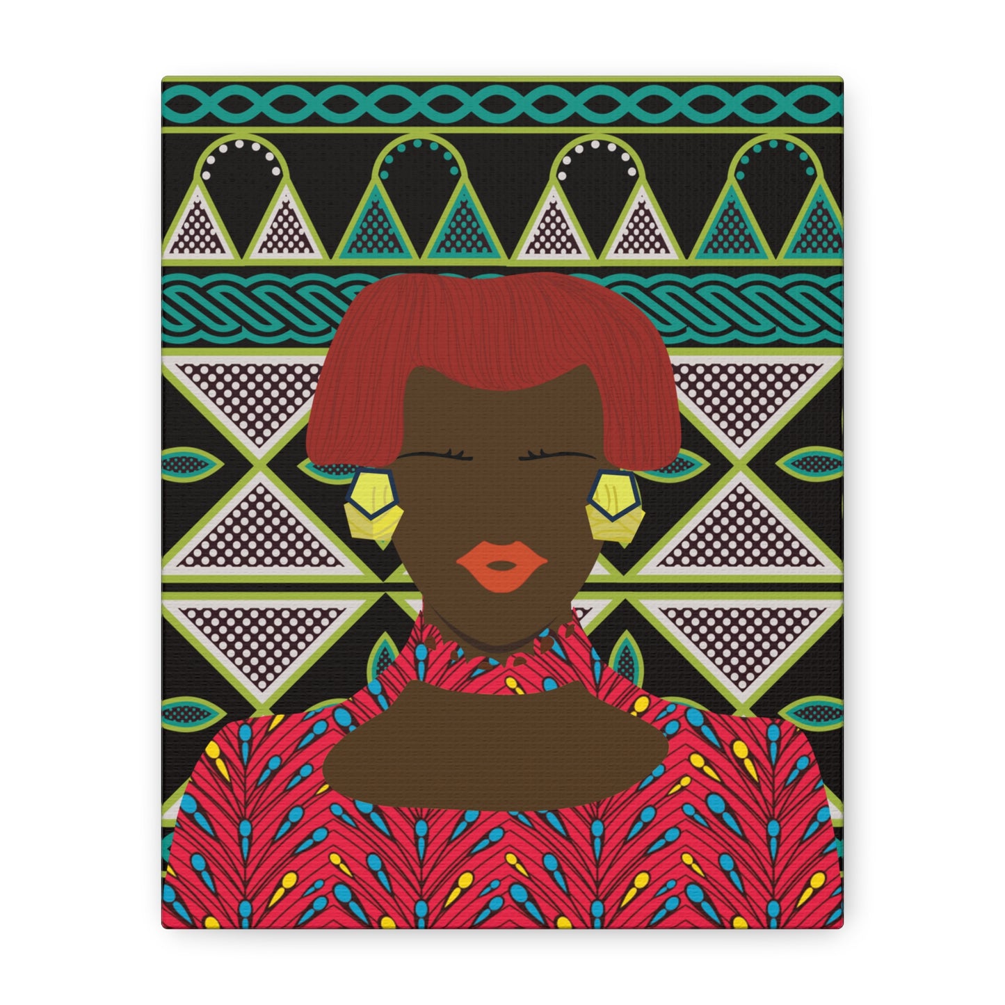 Matte Canvas Wall Art, Bobby (Chocolate) in Floral Red on Green Cameroon Toghu Stretched Art Print, Home Decor, African Inspired Gift, Unique, Stretched, 1.25"