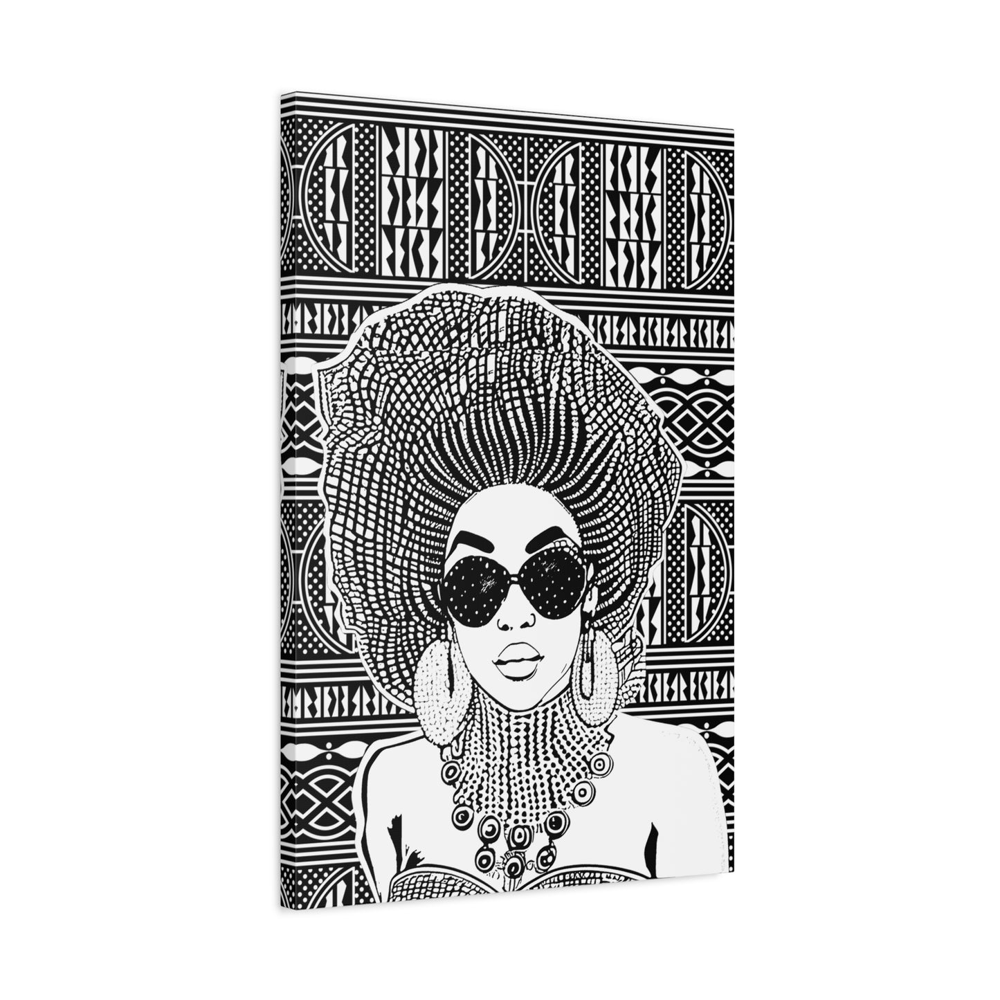 Madame Headtie on BW Ndop Matte Canvas, Stretched, 1.25" Modern African Art Print, Stylish Home Decor