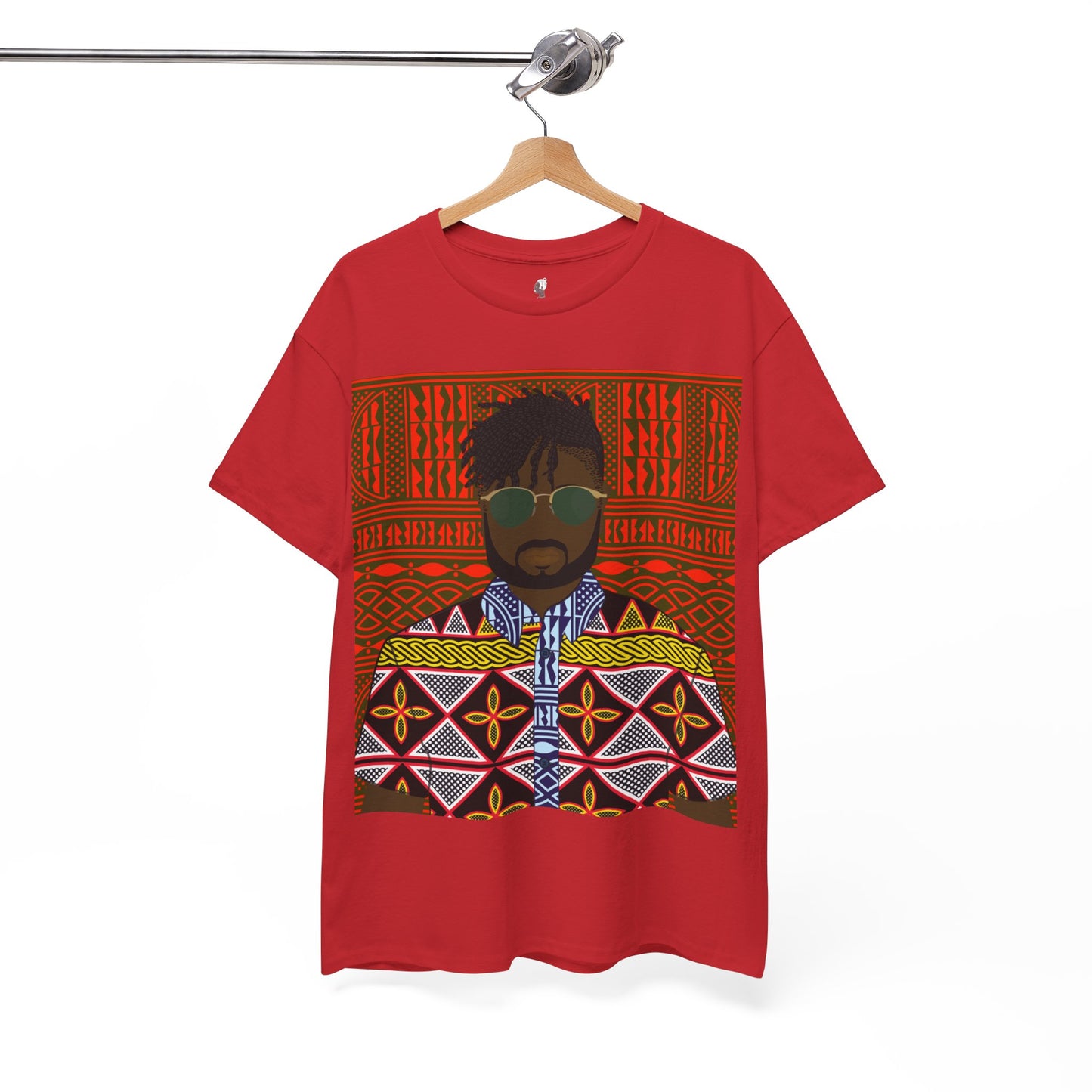 Pascale(Chocolate) in Yellow Toghu on Red Ndop Unisex Heavy Cotton Tee
