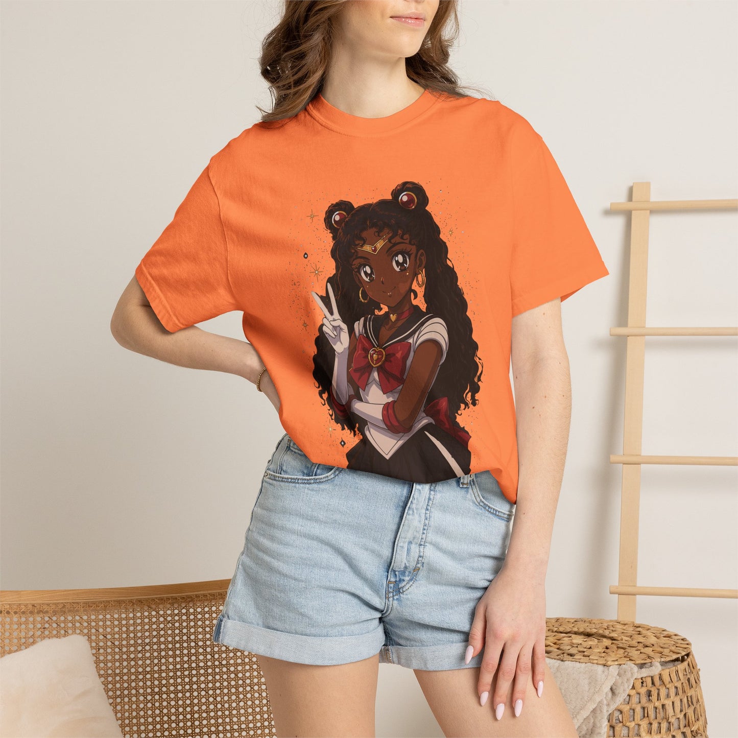 Melanin Magic Anime Tee, Black Anime Girl Shirt, Afro Magical Girl Tee, African Streetwear Graphic, Unisex Garment-Dyed T-Shirt